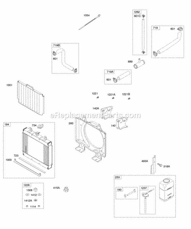 Radiator Hoses Brackets Diagram and Parts List for 610177-0100-E1  Briggs and Stratton Engine